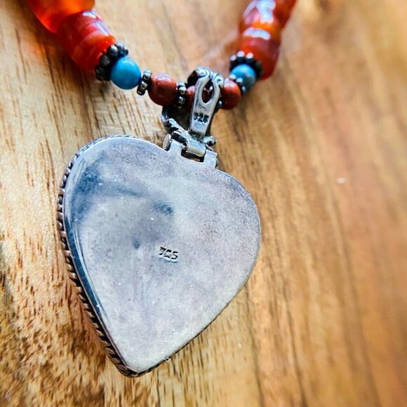 Native American 925 Turquoise Inlay Heart Pendant Necklace - Picture 8 of 10
